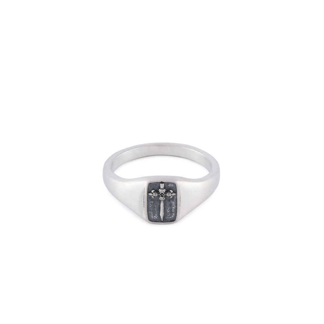 Silver signet ring with rectangle face with sword motif - Serge DeNimes