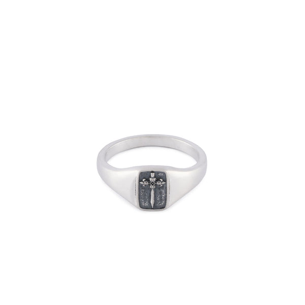 Silver signet ring with rectangle face with sword motif - Serge DeNimes