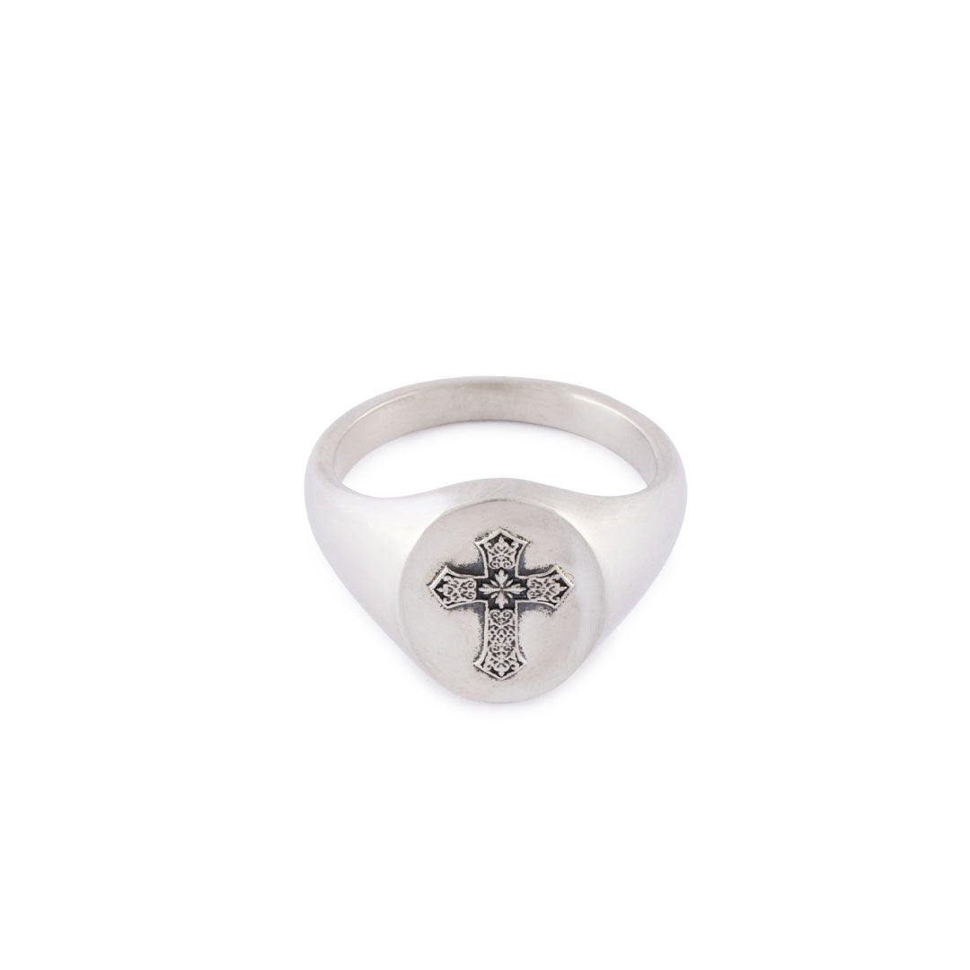 Silver chunky ring with decorated Cross raised on the front - Serge DeNimes