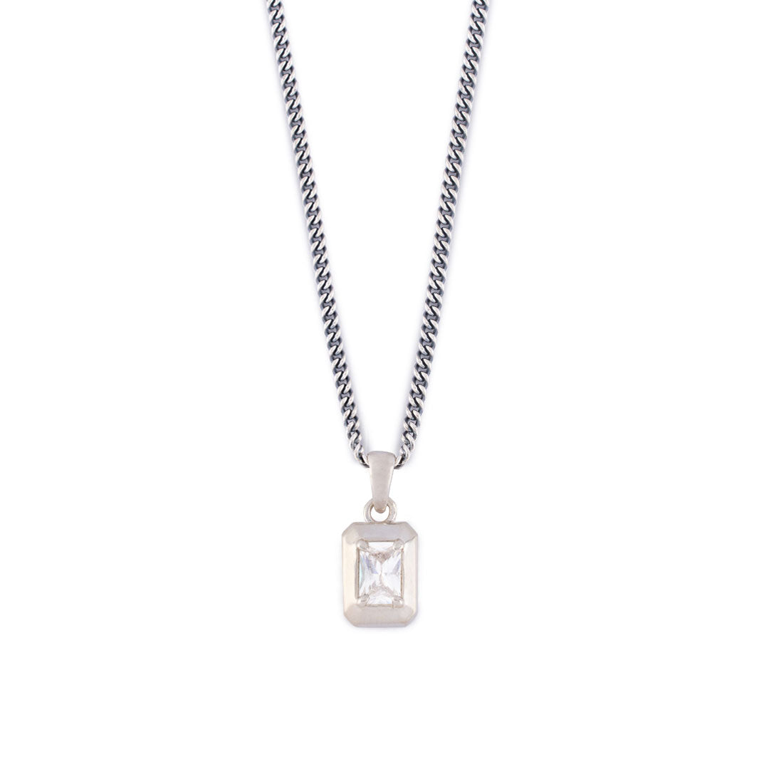 Sterling Silver curb chain with rectangle pendant and large clear gemstone - Serge DeNimes