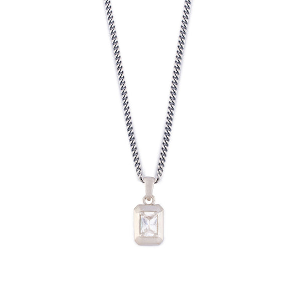 Sterling Silver curb chain with rectangle pendant and large clear gemstone - Serge DeNimes