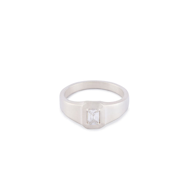 Sterling Silver ring with rectangle shaped face and large clear gemstone - Serge DeNimes