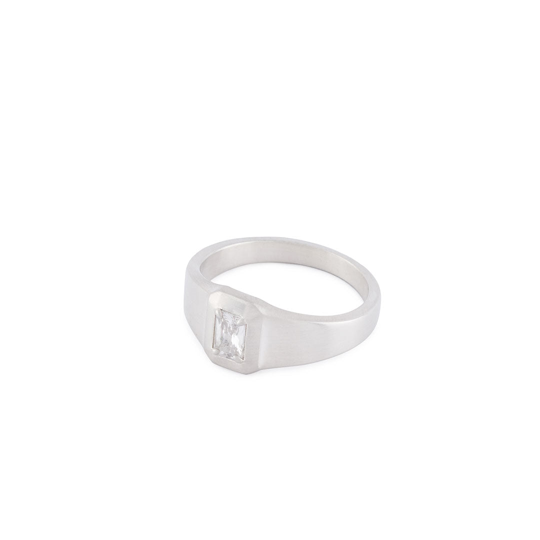 Sterling Silver ring with rectangle shaped face and large clear gemstone - Serge DeNimes