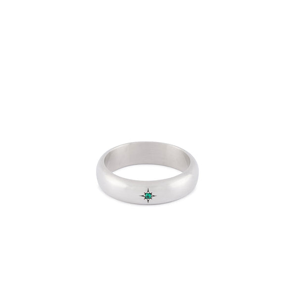 Silver D shaped band ring with star setting and green gemstone - Serge DeNimes