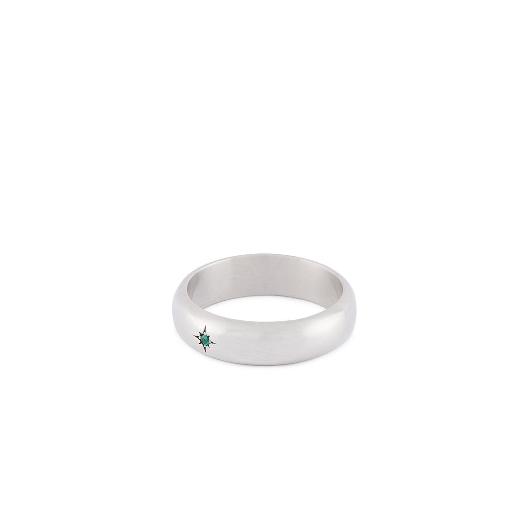 Silver D shaped band ring with star setting and green gemstone - Serge DeNimes