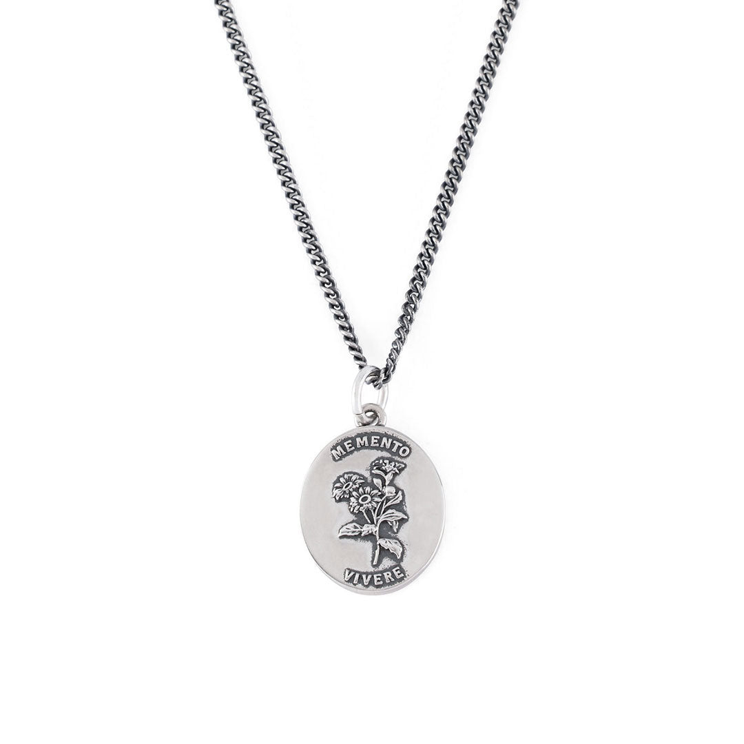 Silver necklace with oval pendant with flower depiction and latin motto - Serge DeNimes