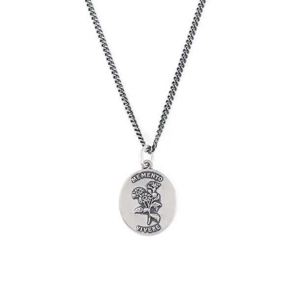 Silver necklace with oval pendant with flower depiction and latin motto - Serge DeNimes