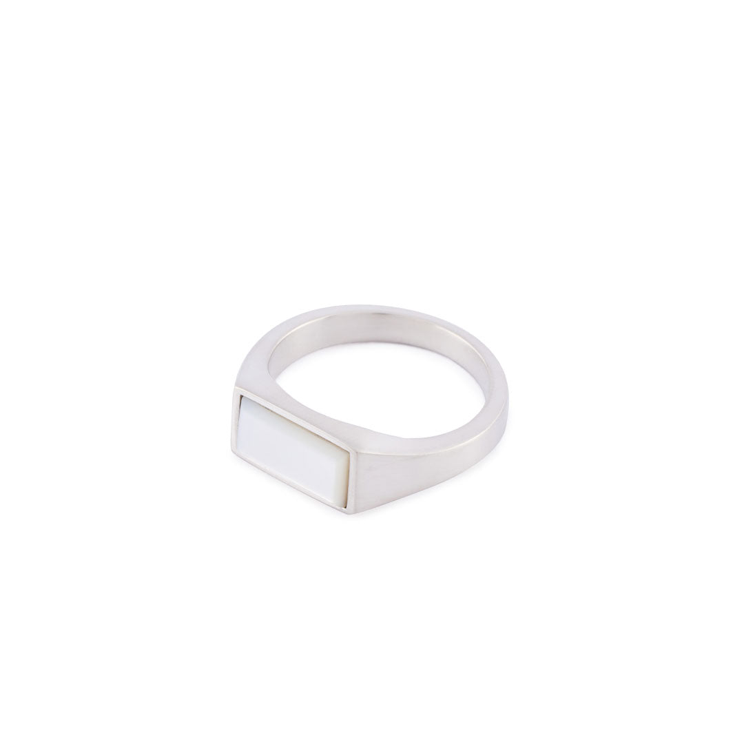 Silver rectangle signet ring with rectangle cut Mother of Pearl stone - Serge DeNimes