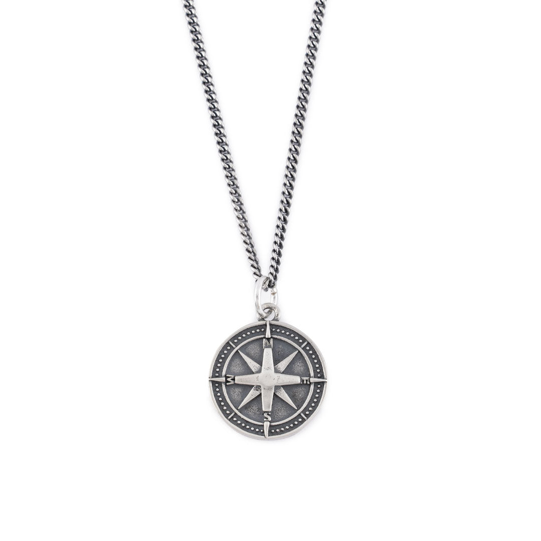 Silver curb chain necklace with round pendant with compass motif - Serge DeNimes
