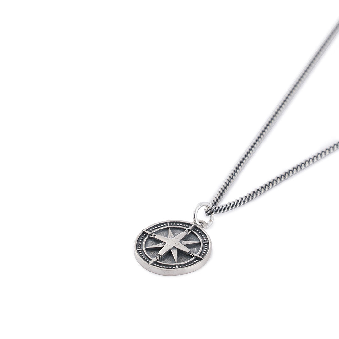 Silver curb chain necklace with round pendant with compass motif - Serge DeNimes