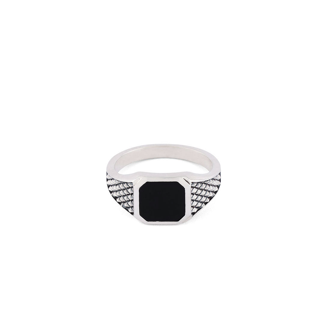 Silver ring with square face, diamond grid textured shoulders and Black Onyx gemstone face - Serge DeNimes