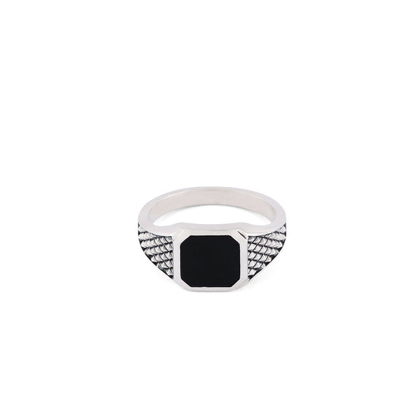 Silver ring with square face, diamond grid textured shoulders and Black Onyx gemstone face - Serge DeNimes