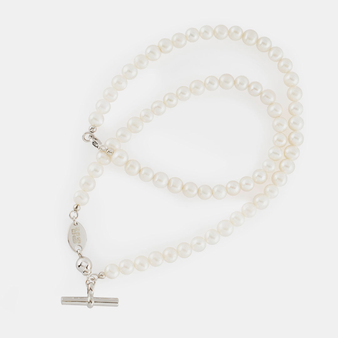 Silver Pearl T-Bar Necklace