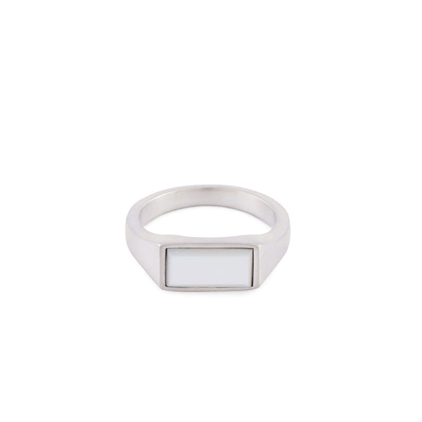 Silver rectangle signet ring with rectangle cut Mother of Pearl stone - Serge DeNimes
