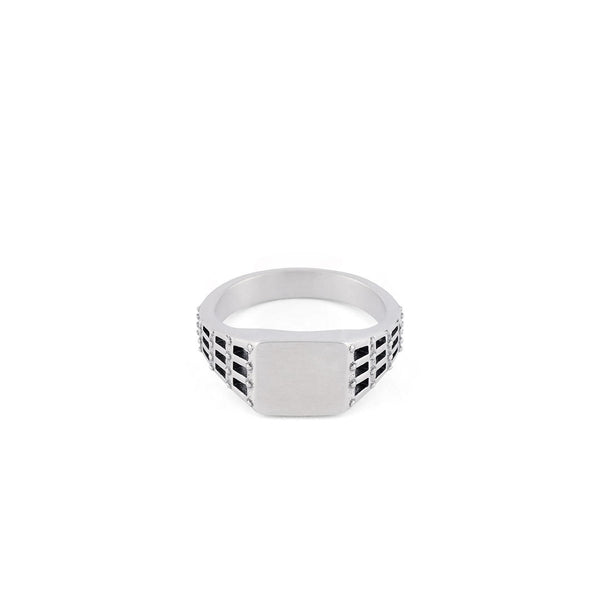 Silver ring with small square face and a cut out stud and grid effect on the shoulders - Serge DeNimes