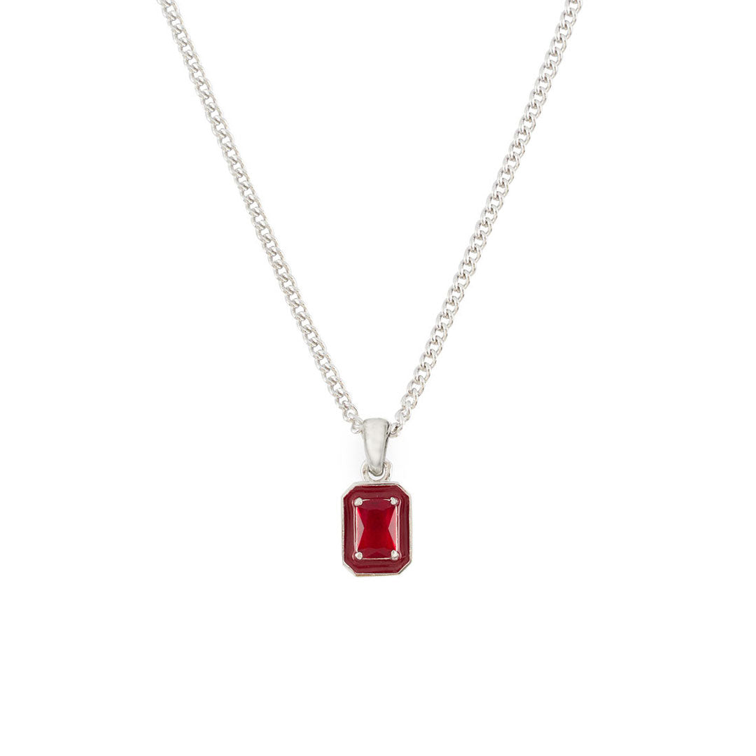 Silver curb chain with rectangle pendant with red enamel frame and large red gemstone - Serge DeNimes