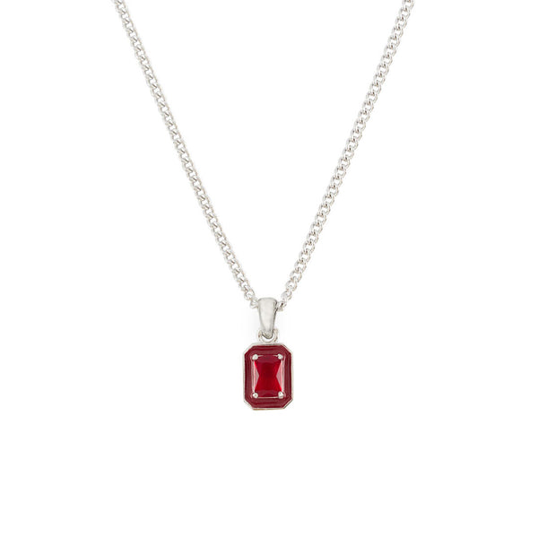 Silver curb chain with rectangle pendant with red enamel frame and large red gemstone - Serge DeNimes