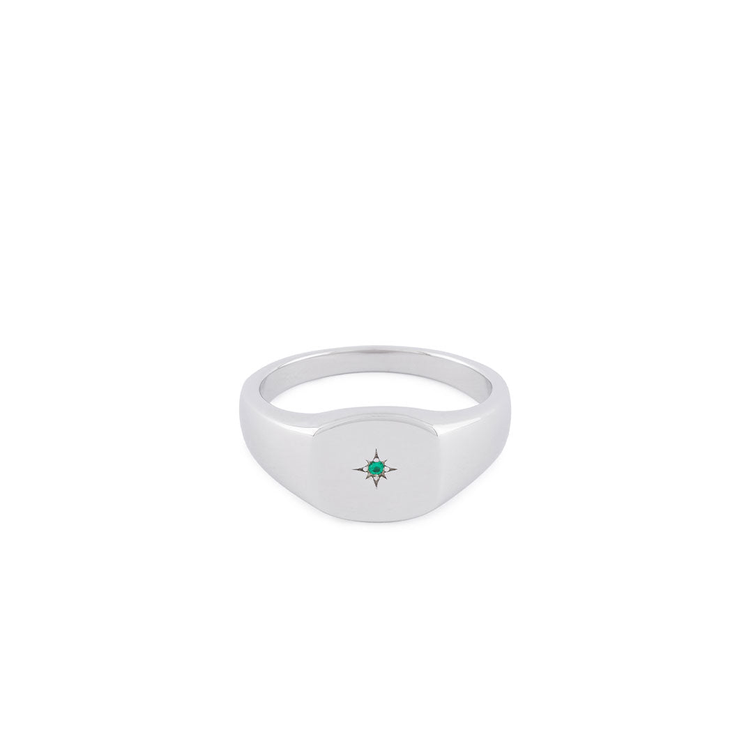 Silver signet ring with a soft square face, star setting and green gemstone - Serge DeNimes