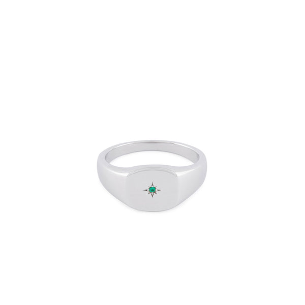 Silver signet ring with a soft square face, star setting and green gemstone - Serge DeNimes