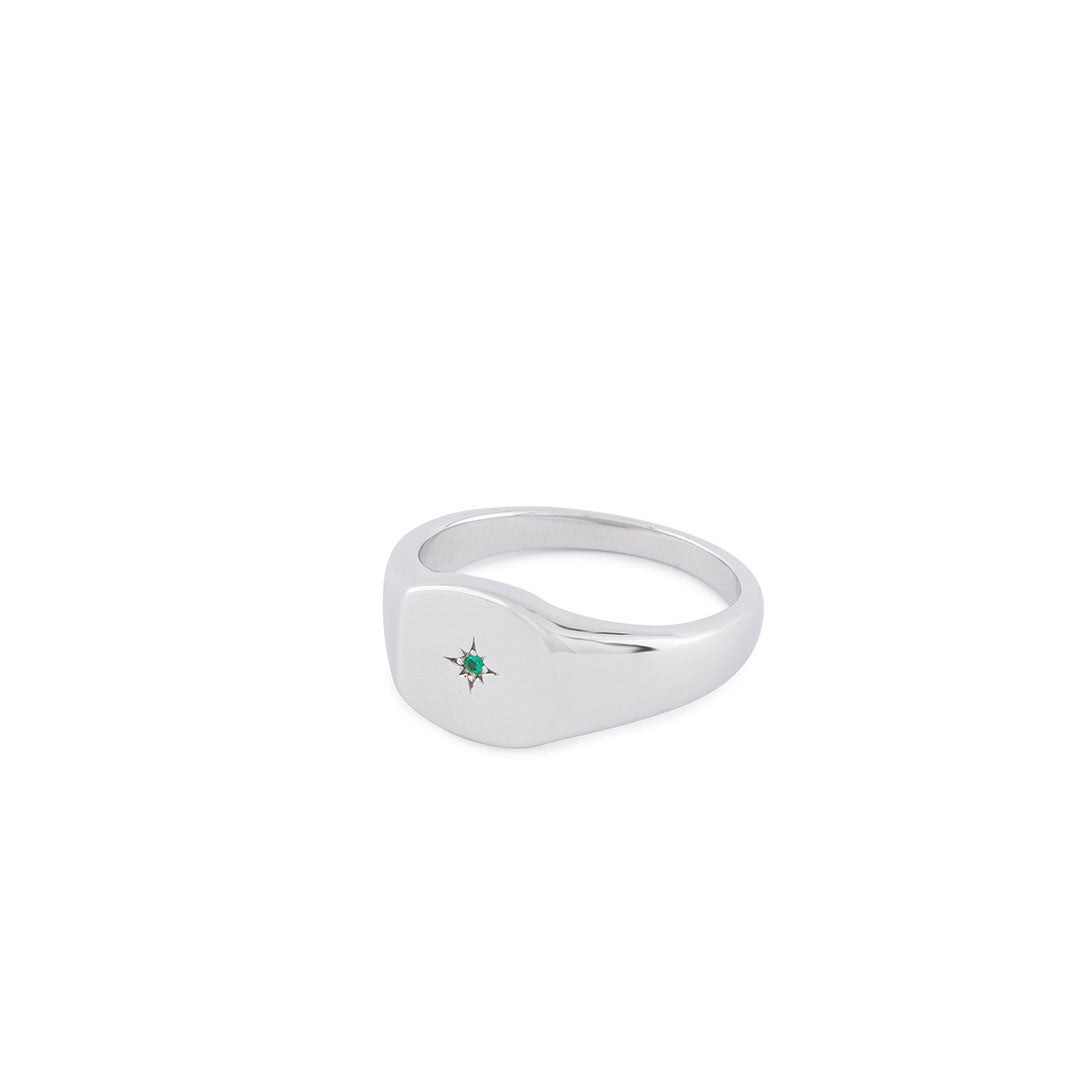 Silver signet ring with a soft square face, star setting and green gemstone - Serge DeNimes