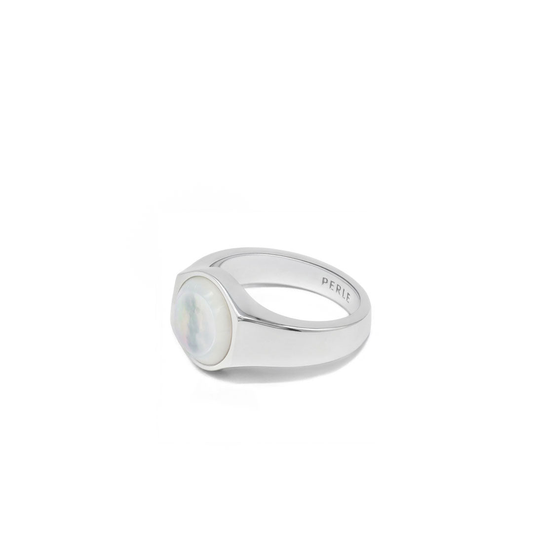 Silver ring with Rhodium plating and large Mother of Pearl stone on a white background