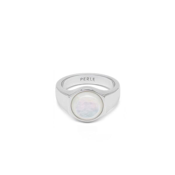 Silver ring with Rhodium plating and large Mother of Pearl stone on a white background
