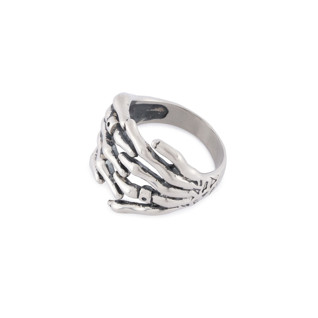 Serge DeNimes Sterling Silver Ring of 2 skeleton hands joined at the fingers side view showing side texture and inside of ring