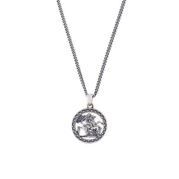 Silver pendant necklace with curb chain and round pendant with diamond border and cut out St George depiction - Serge DeNimes