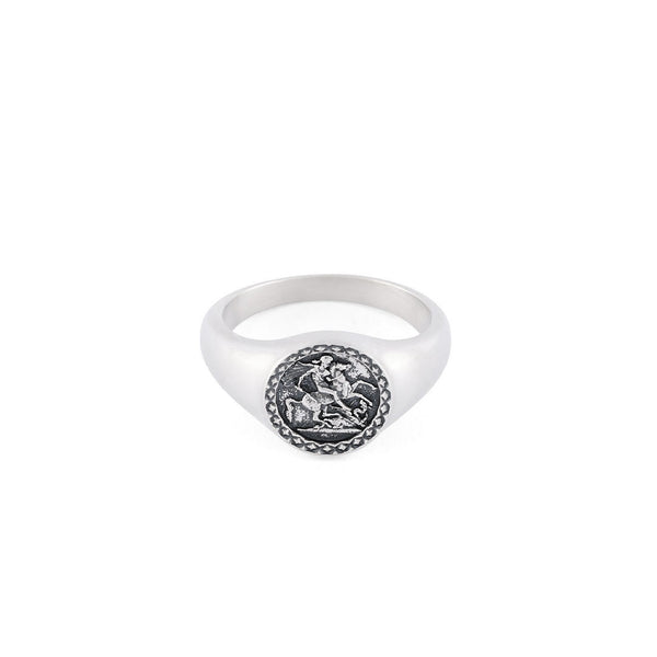 Silver Sovereign style ring with cut out detailing on the shoulders, dashed border around the face and flower motif with latin motto - Serge DeNimes