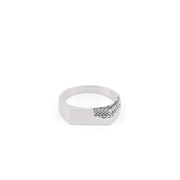 Silver Rectangle Ring with keeper style detailing on one corner - Serge DeNimes