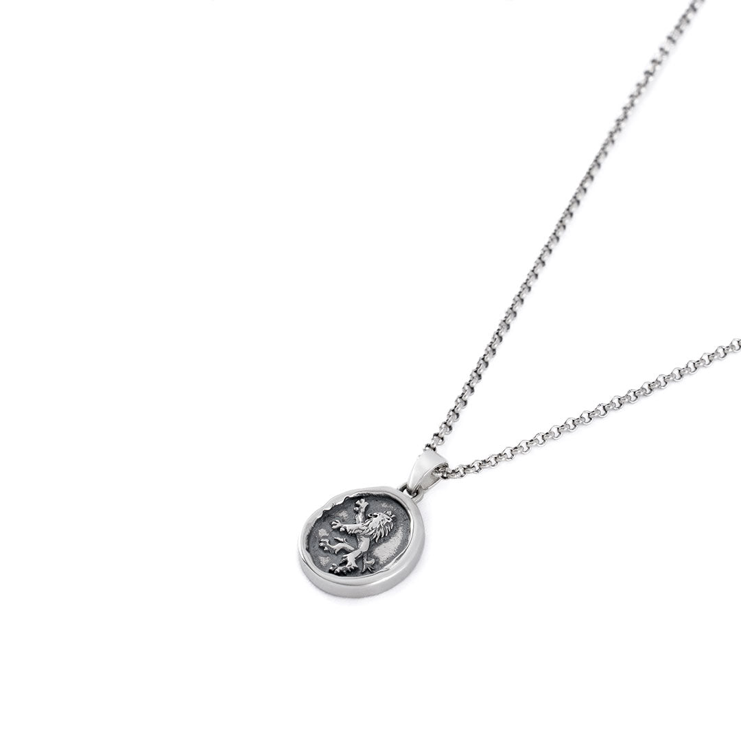 Silver pendant necklace with rolo chain and oval shaped pendant with wax seal design and Lion motif - Serge DeNimes