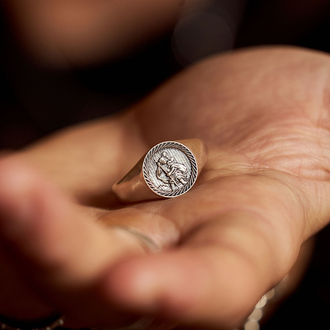 Saint Christopher Ring St Christoph Signet Ring Christ Child Jewelry  Catholic Bishop Deacon Christian Protect Us Silver 925 24k-gold-plated 